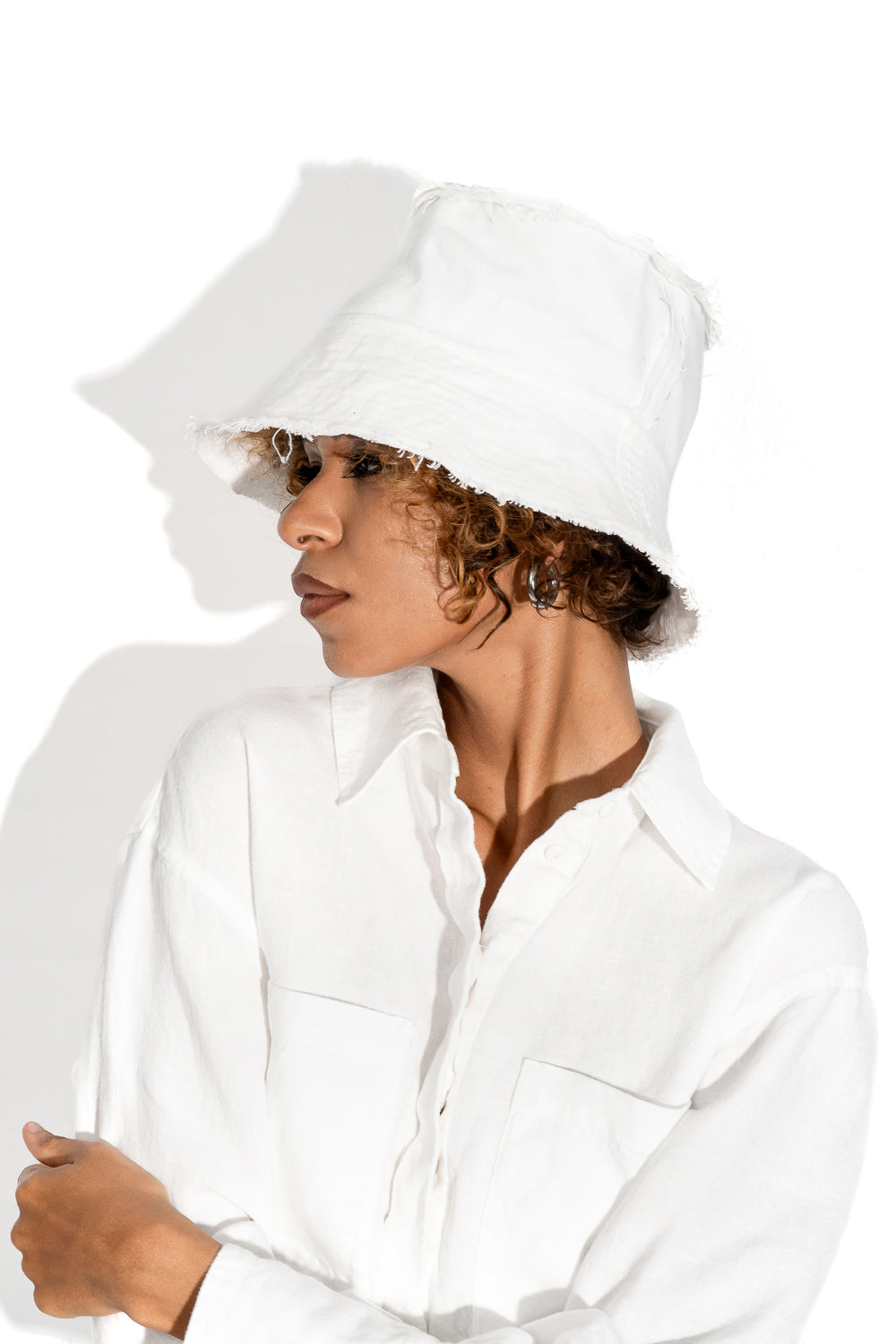 Layered white bucket hat