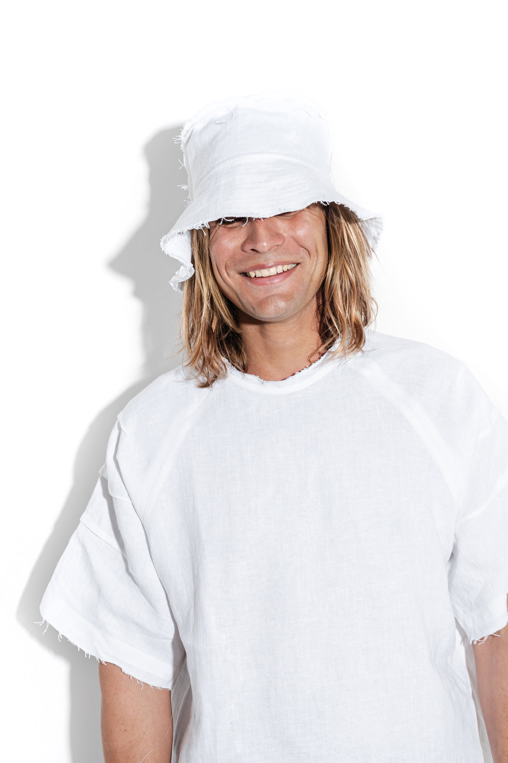 Layered white bucket hat