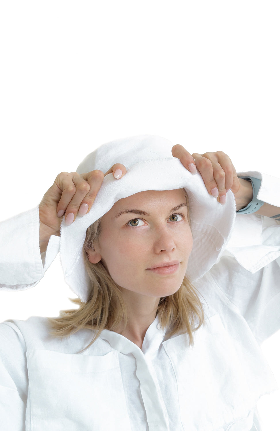 Layered white bucket hat