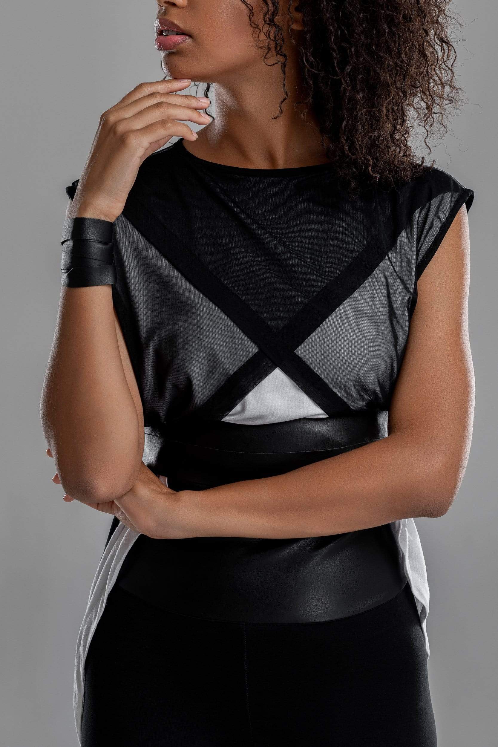 MDNT45 Sweaters, Tunics & Tops Asymmetrical white shirt with black mesh top