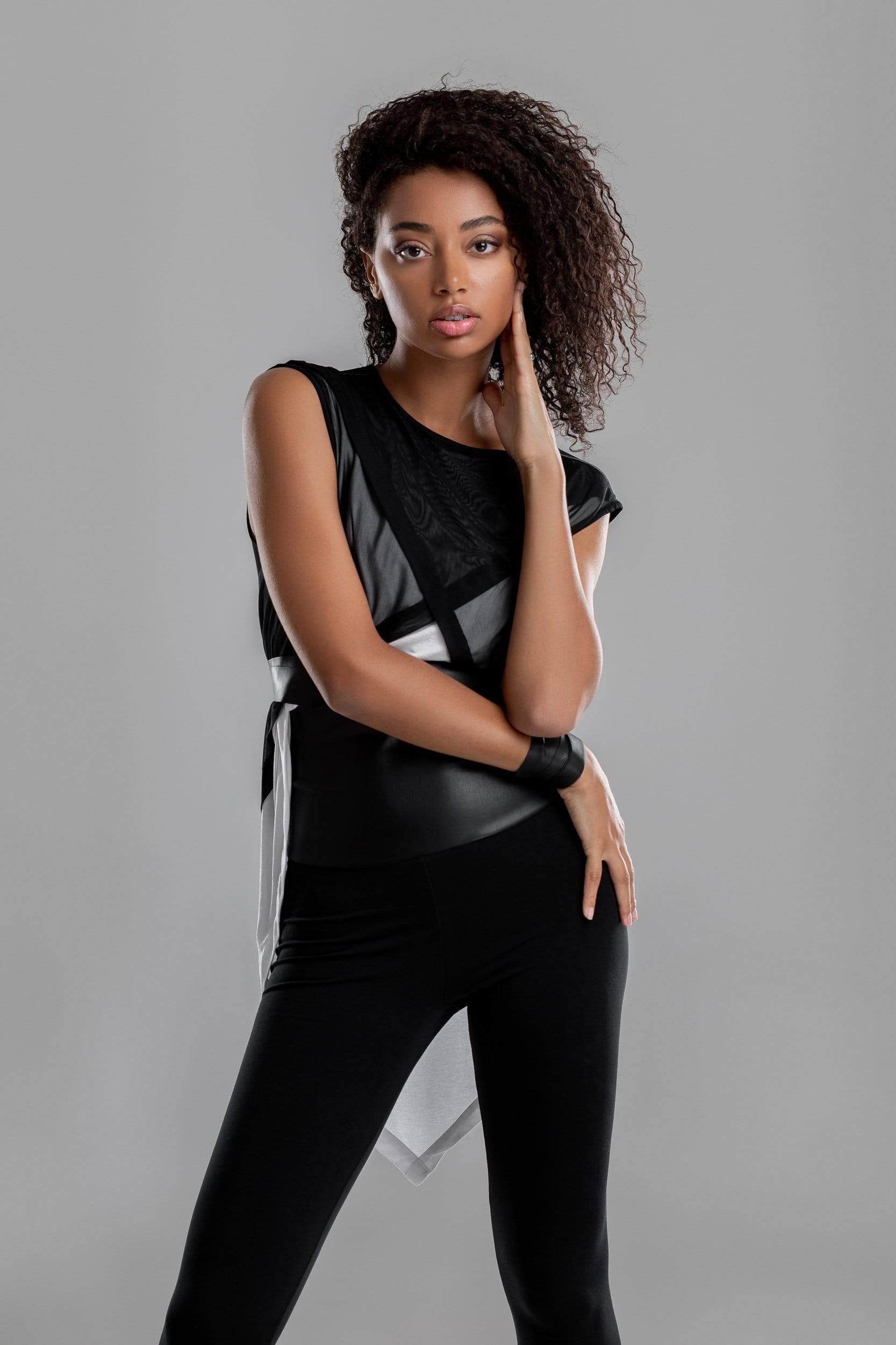 MDNT45 Sweaters, Tunics & Tops Asymmetrical white shirt with black mesh top