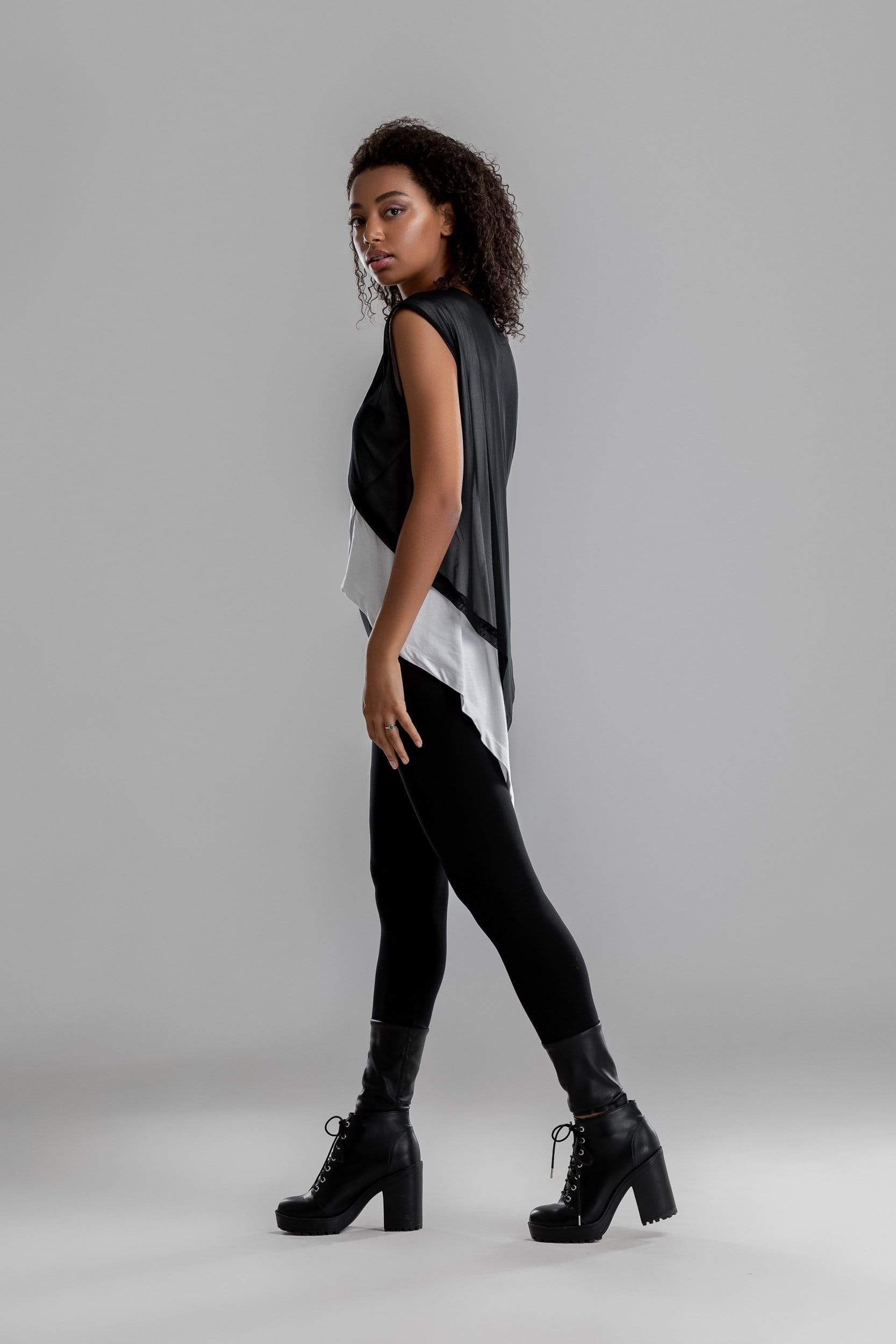MDNT45 Sweaters, Tunics & Tops Asymmetrical white shirt with black mesh top