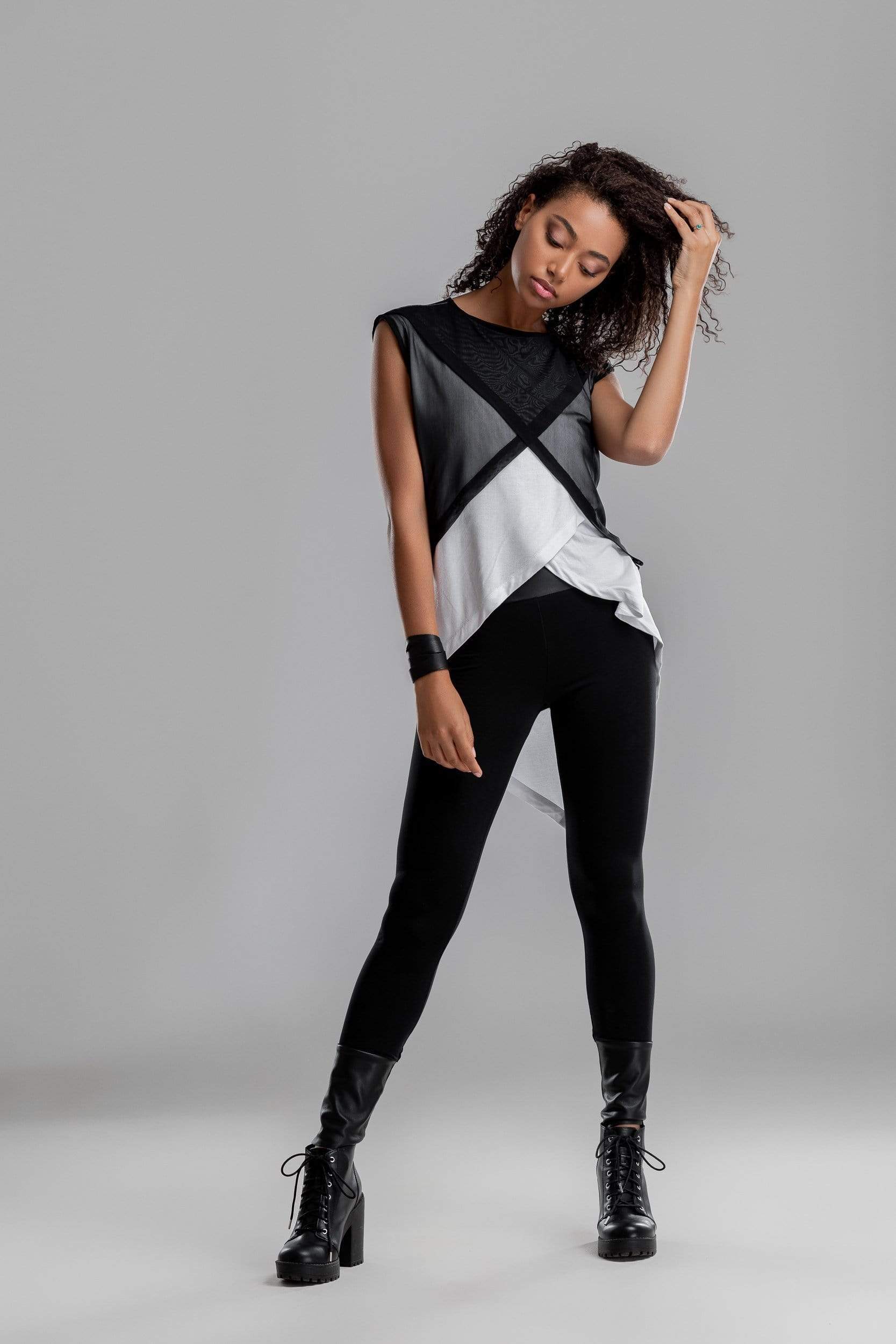 MDNT45 Sweaters, Tunics & Tops Asymmetrical white shirt with black mesh top
