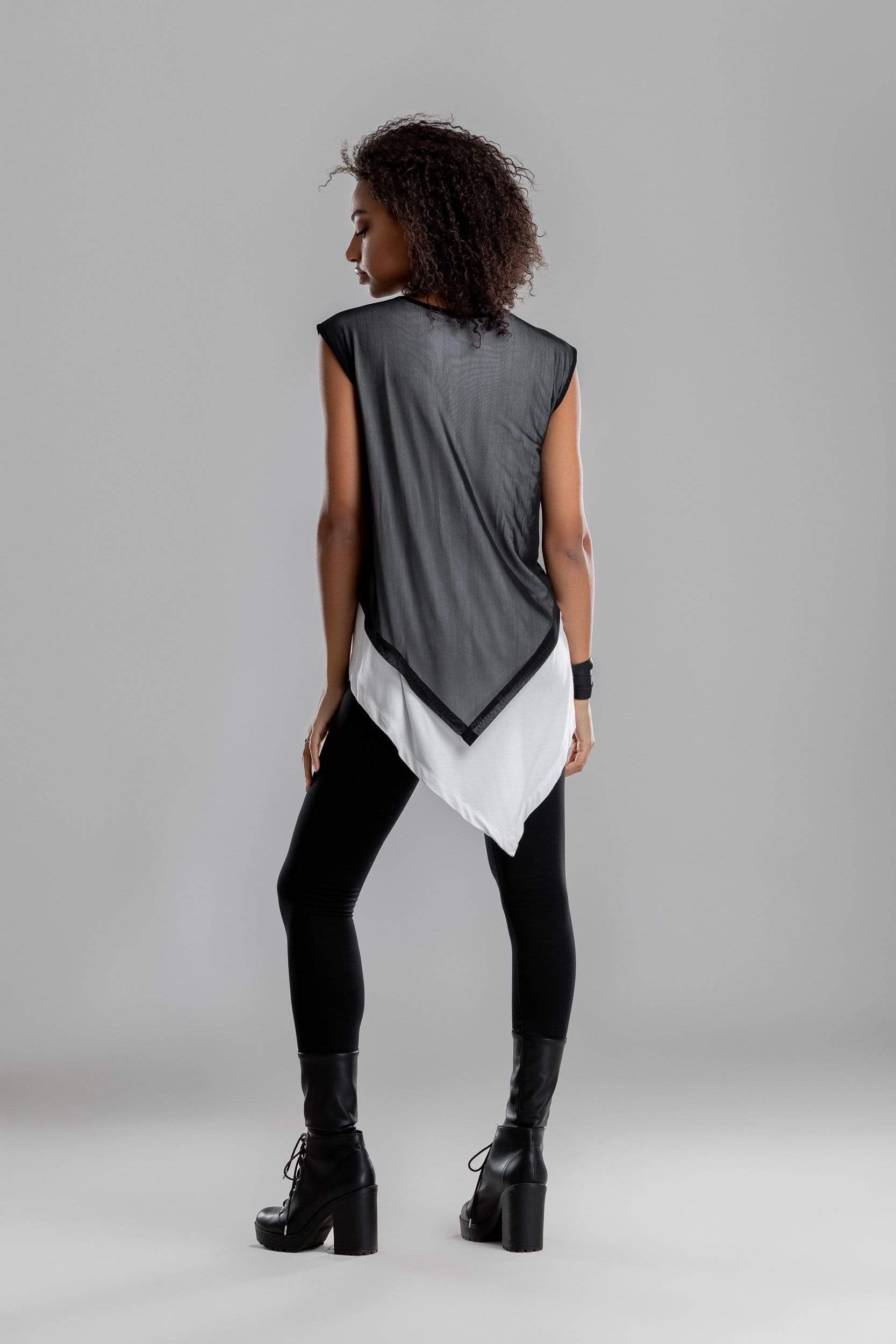 MDNT45 Sweaters, Tunics & Tops Asymmetrical white shirt with black mesh top