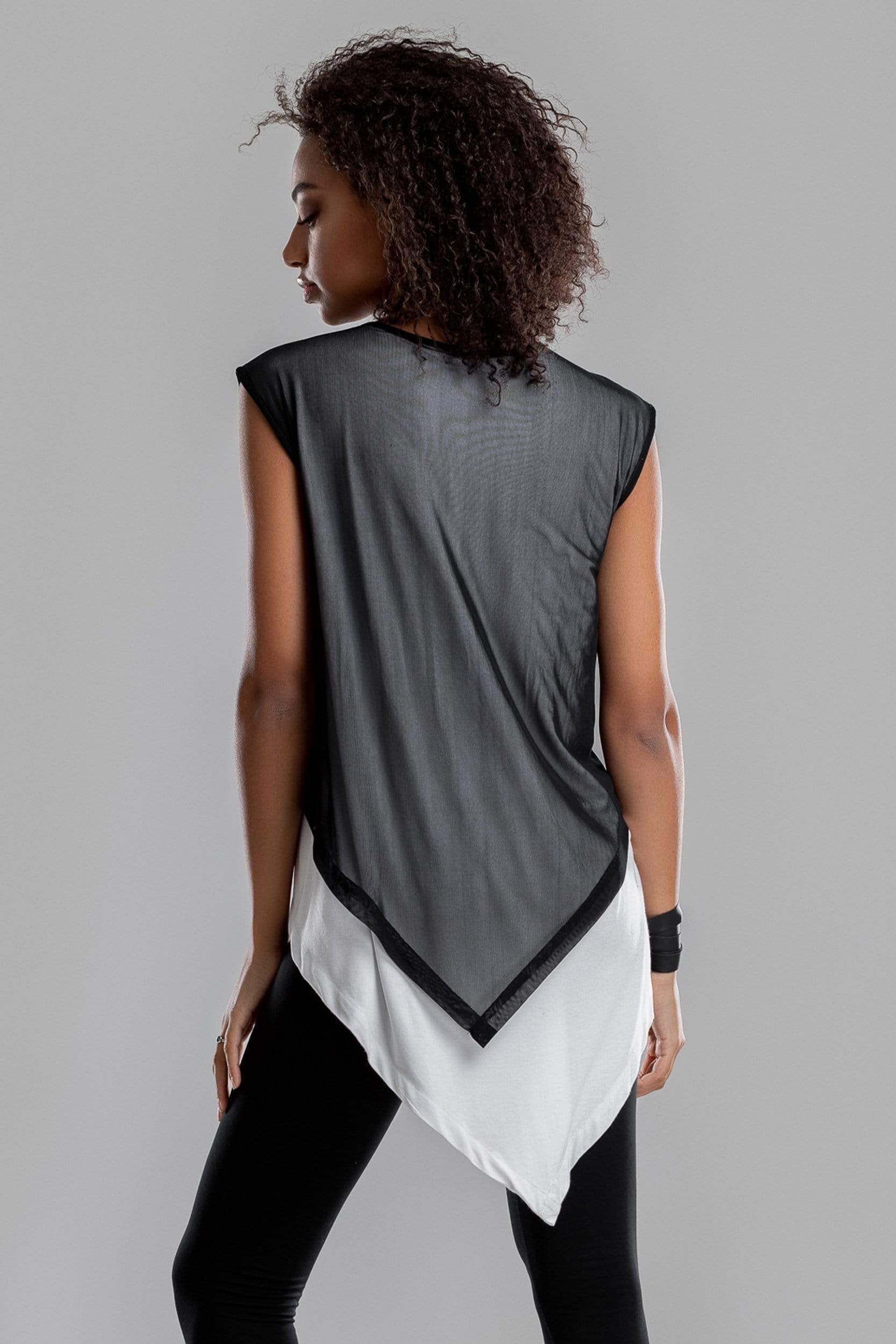 MDNT45 Sweaters, Tunics & Tops Asymmetrical white shirt with black mesh top