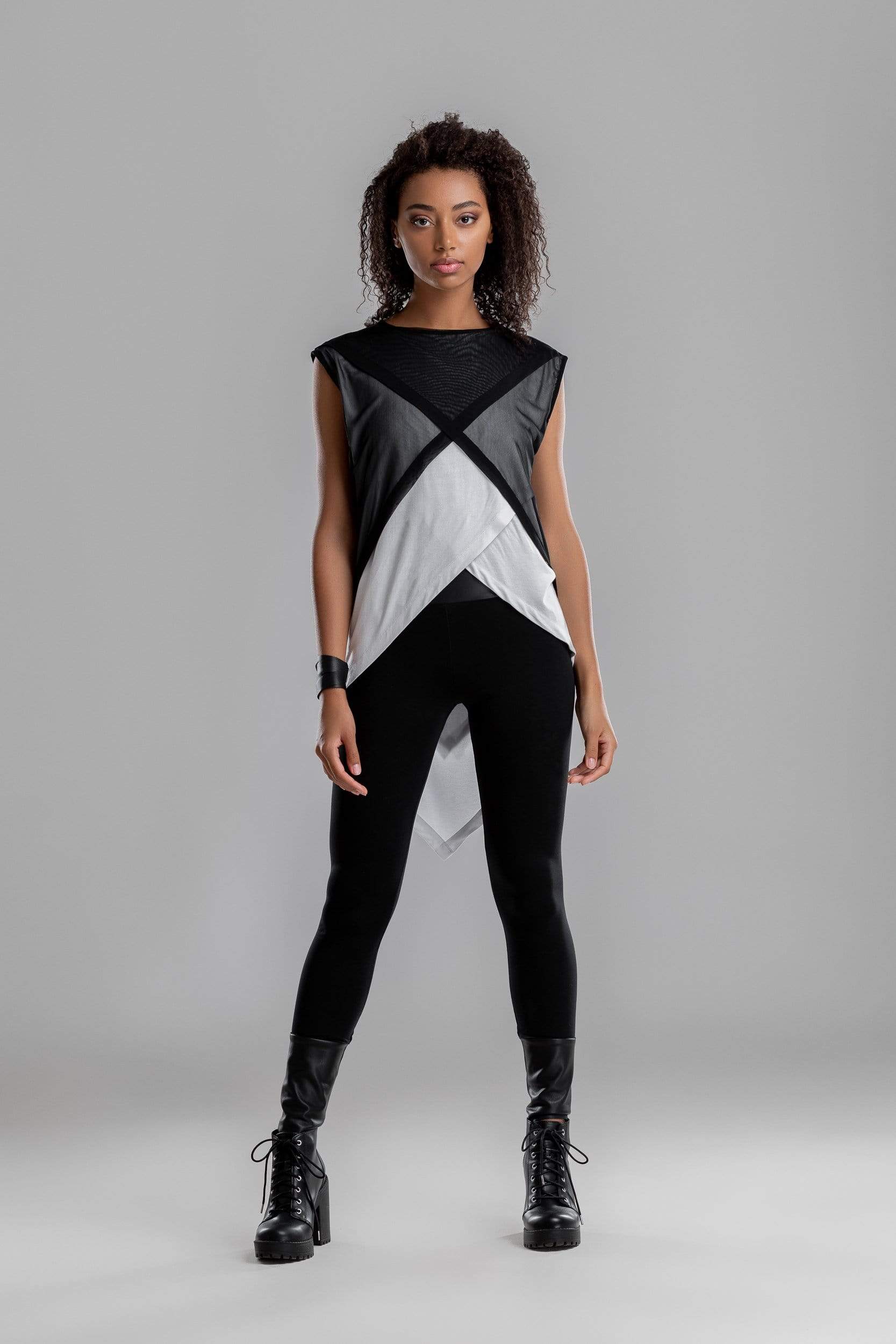 MDNT45 Sweaters, Tunics & Tops Asymmetrical white shirt with black mesh top