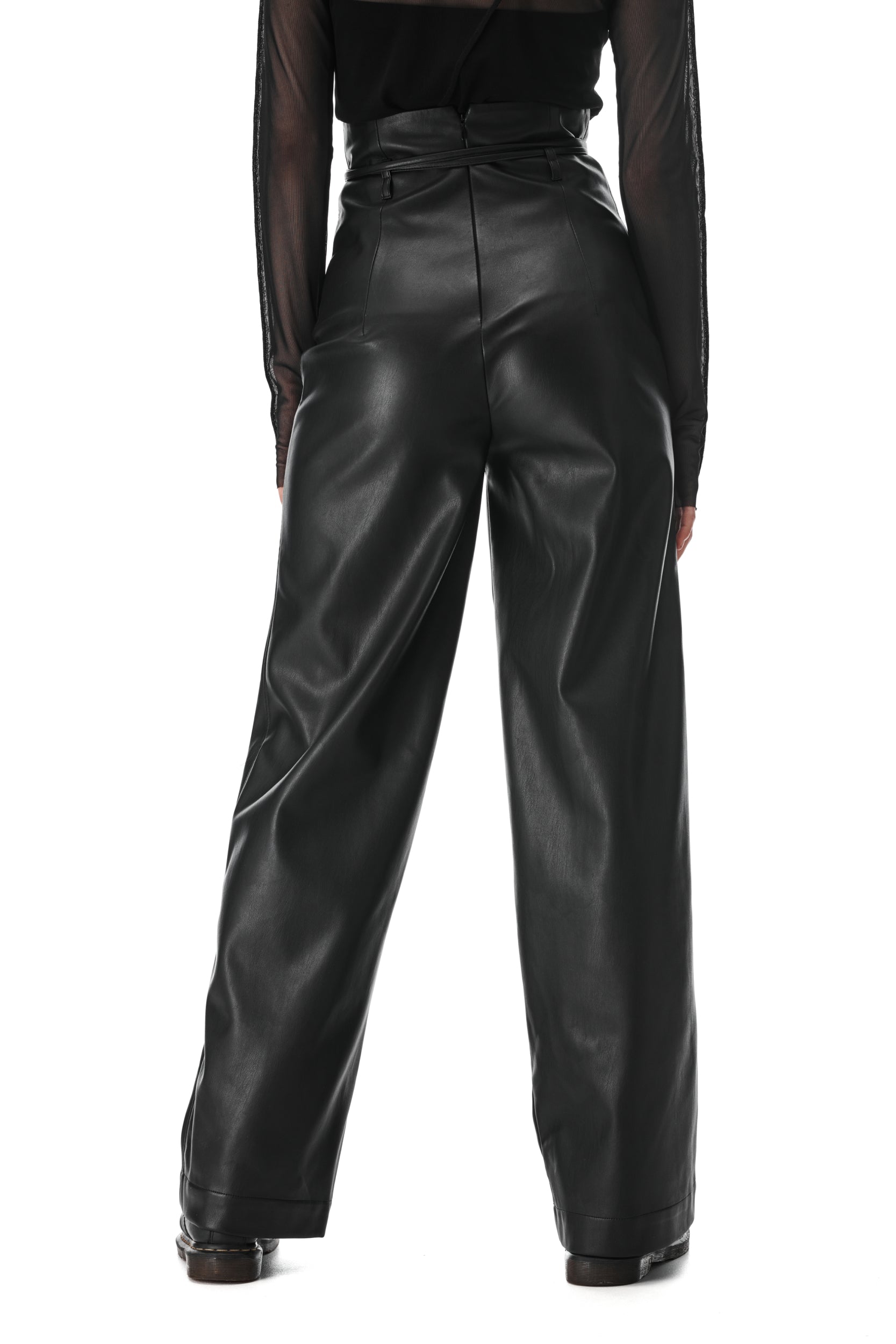 Black Faux Leather V-cut Pants