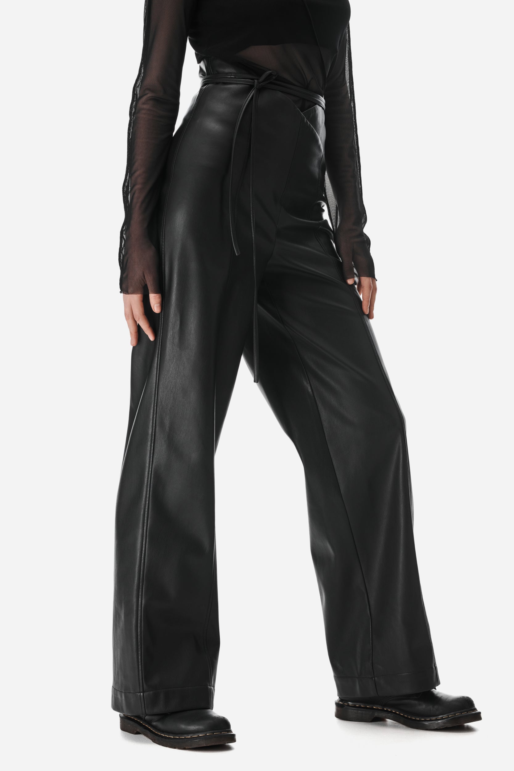 Black Faux Leather V-cut Pants
