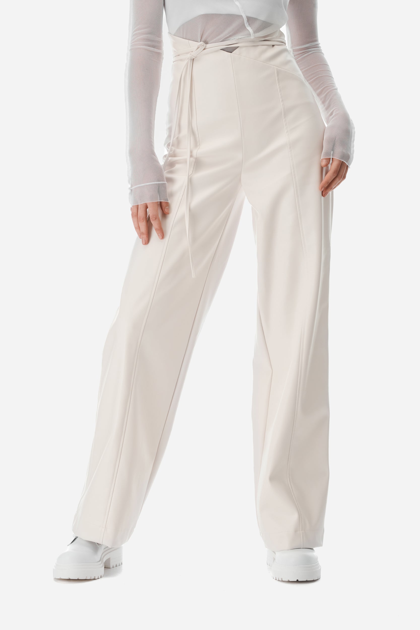 White Faux Leather V-cut Pants