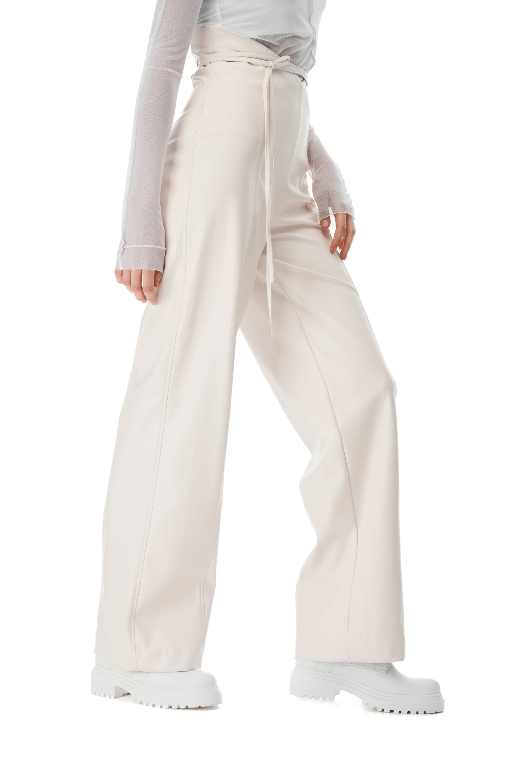 White Faux Leather V-cut Pants
