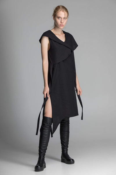 MDNT45 Dresses Linen Black Asymmetric Dress