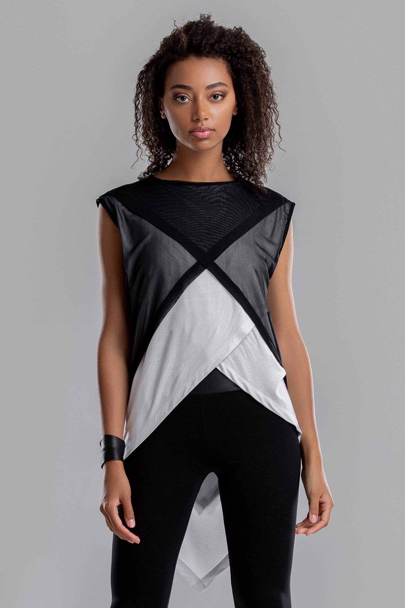 MDNT45 Sweaters, Tunics & Tops Asymmetrical white shirt with black mesh top